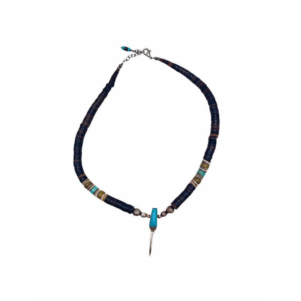 Handcrafted Navajo Necklace W/ Sterling Silver & Turquoise Pendant Heishi Beads - Picture 3 of 14